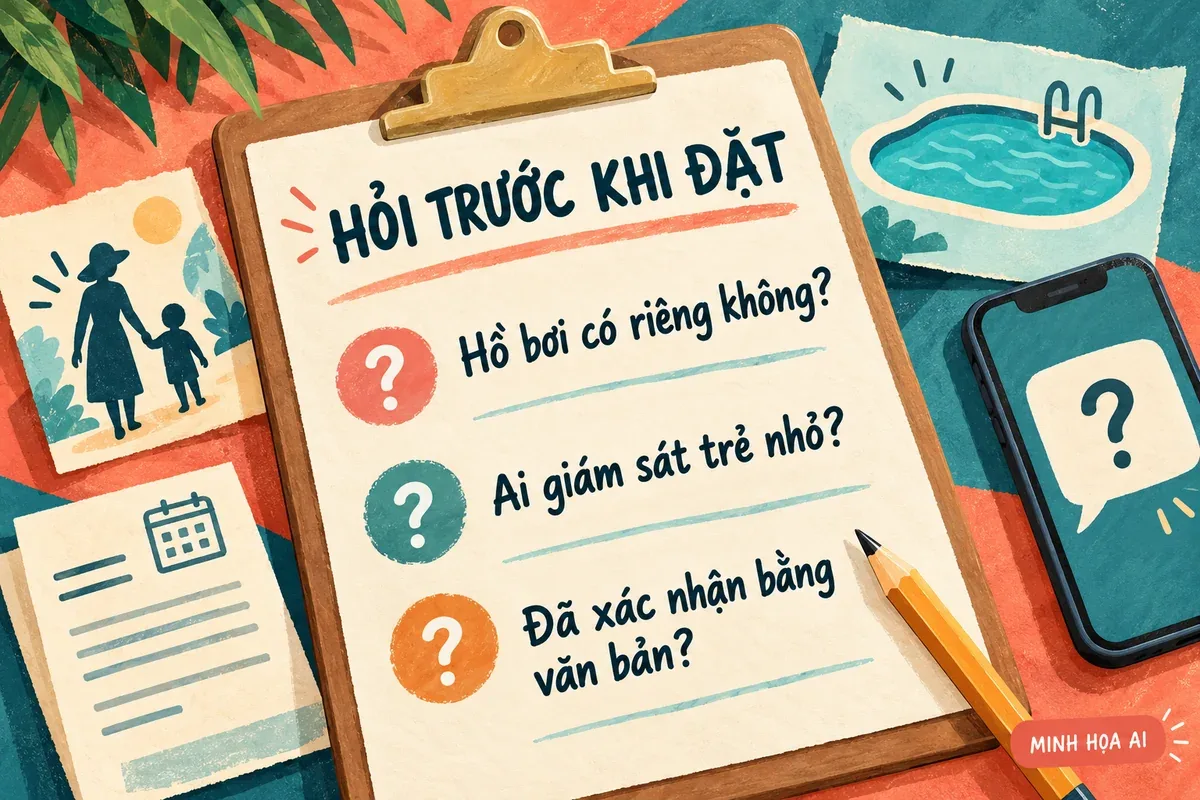 Minh họa AI danh sách điều cần xác nhận về hồ bơi và giám sát trẻ khi đặt villa