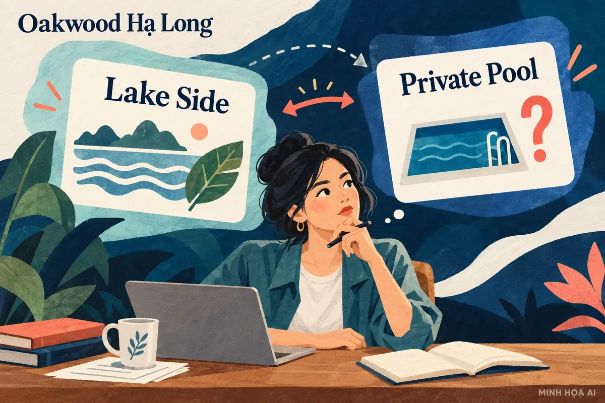 Minh họa AI so sánh thông tin Lake Side và hồ bơi riêng khi đặt Oakwood Hạ Long, không phải ảnh khu nghỉ