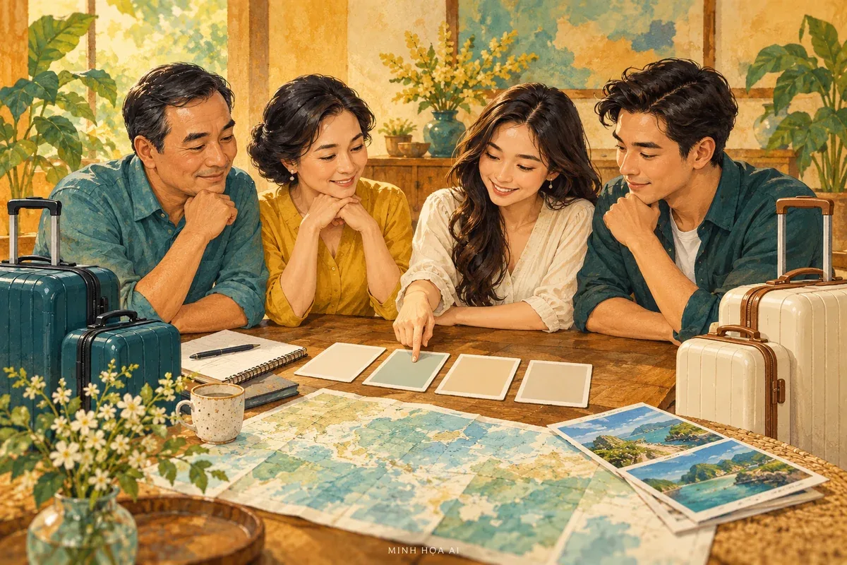 Minh họa AI gia đình bàn cách chia chỗ ngủ ở nhà, không phải khách hoặc cabin thực tế