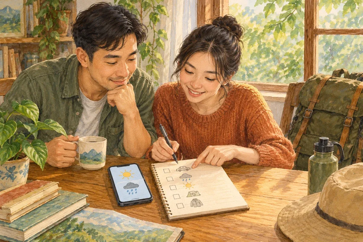 Minh họa AI: đôi bạn kiểm tra kế hoạch và thời tiết trước chuyến ngắm thác Pạc Sủi