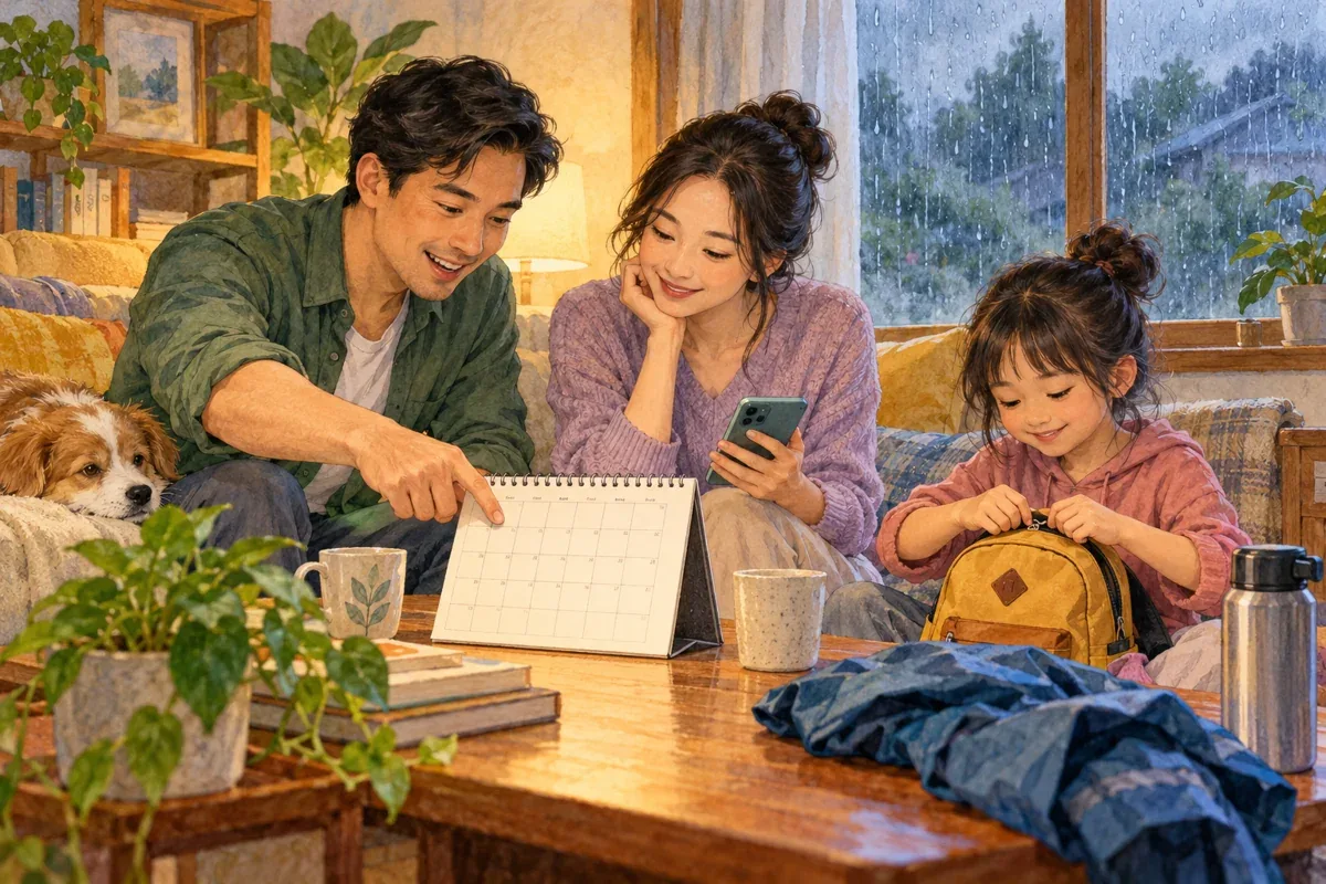 Minh họa AI: gia đình cân nhắc đổi ngày đi khi điều kiện chưa phù hợp