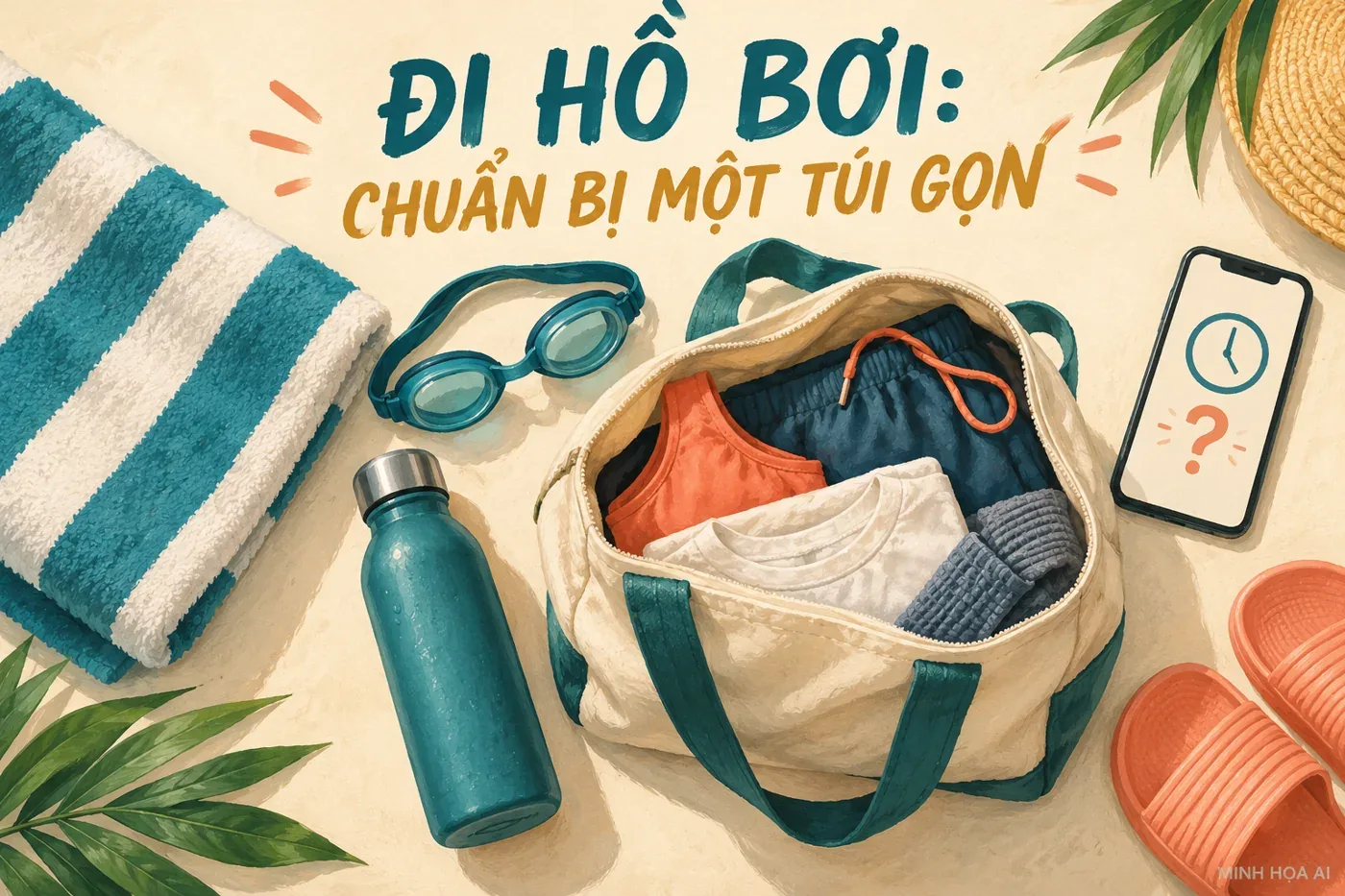 Minh họa AI túi đồ bơi gọn gồm khăn, kính bơi, nước và đồ thay khô