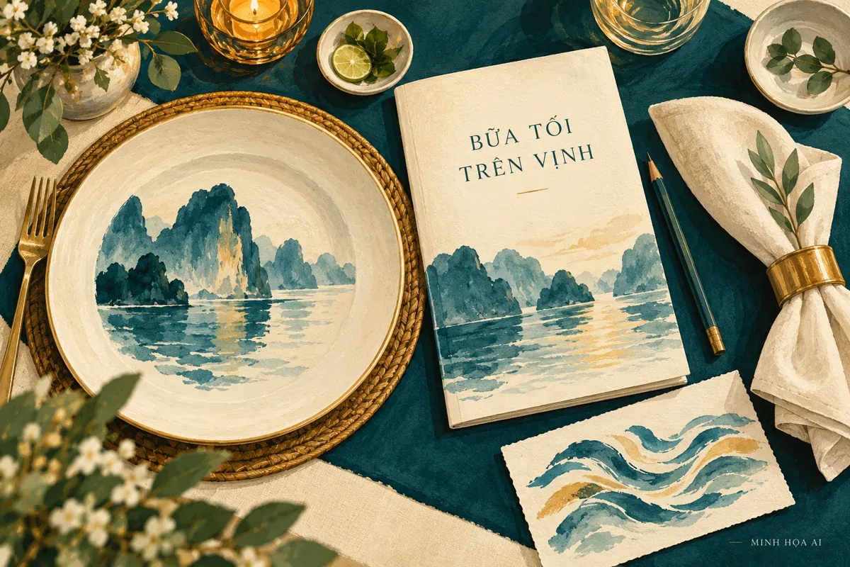 Minh họa AI đĩa ăn và sổ kế hoạch bữa tối trên vịnh; không phải ảnh Paradise Elegance hay thực đơn thật.