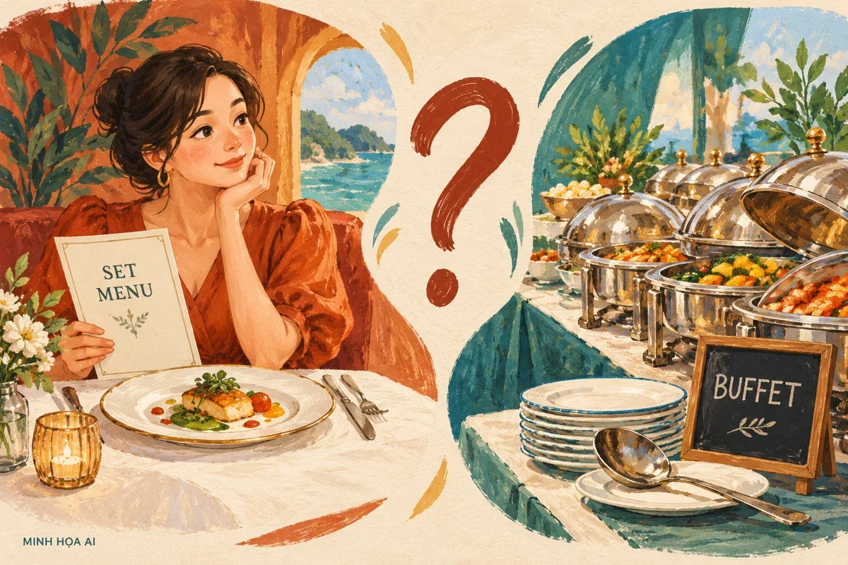 Minh họa AI hai hình thức set menu và buffet để gợi ý hỏi trước đặt, không xác nhận thực đơn trên tàu.