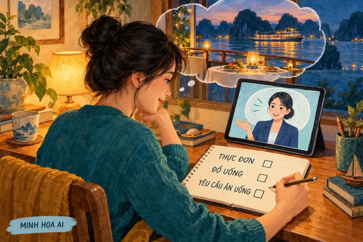 Minh họa AI người kiểm tra thực đơn, đồ uống và yêu cầu ăn uống trước đặt chuyến; không phải xác nhận đặt chỗ.
