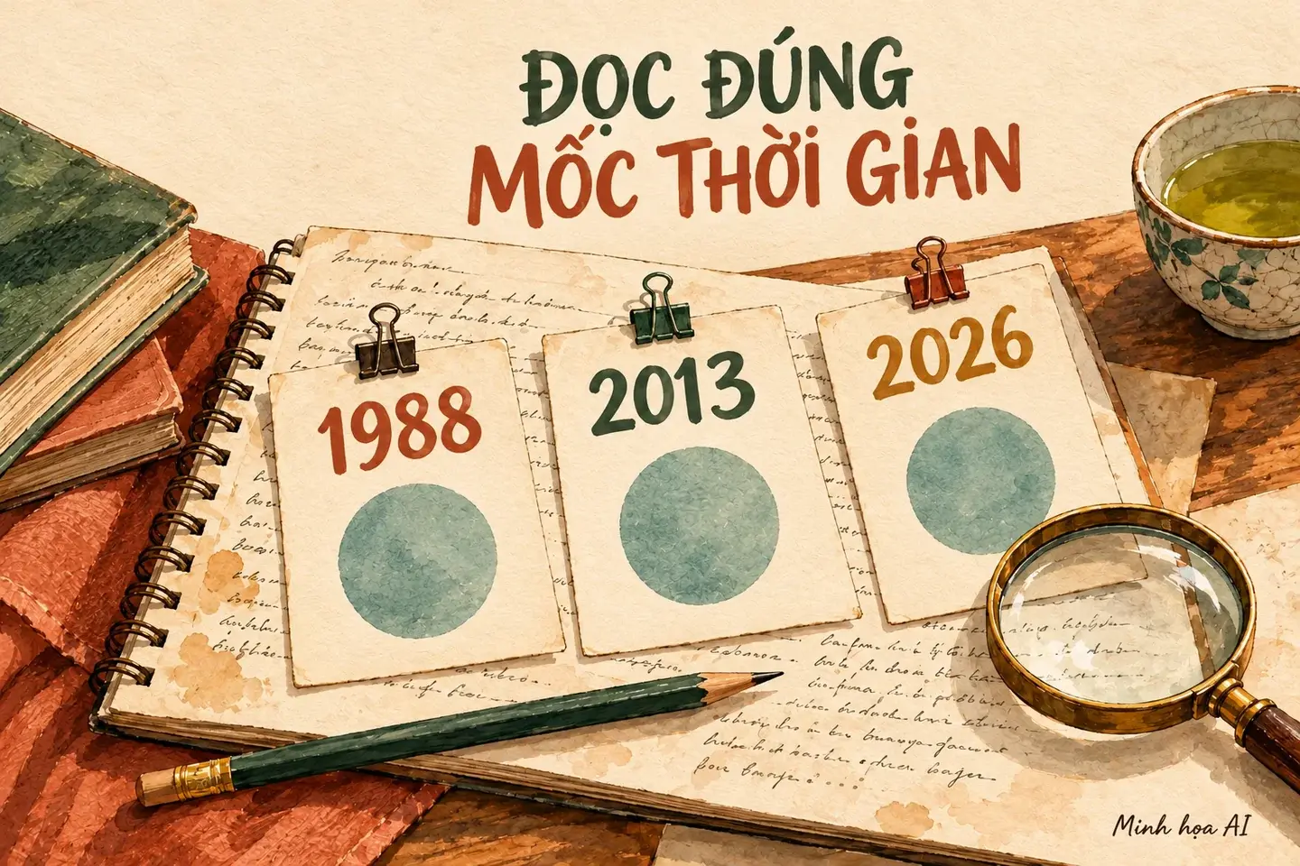 Minh họa AI: đối chiếu các mốc 1988, 2013 và 2026 trên sổ ghi chú