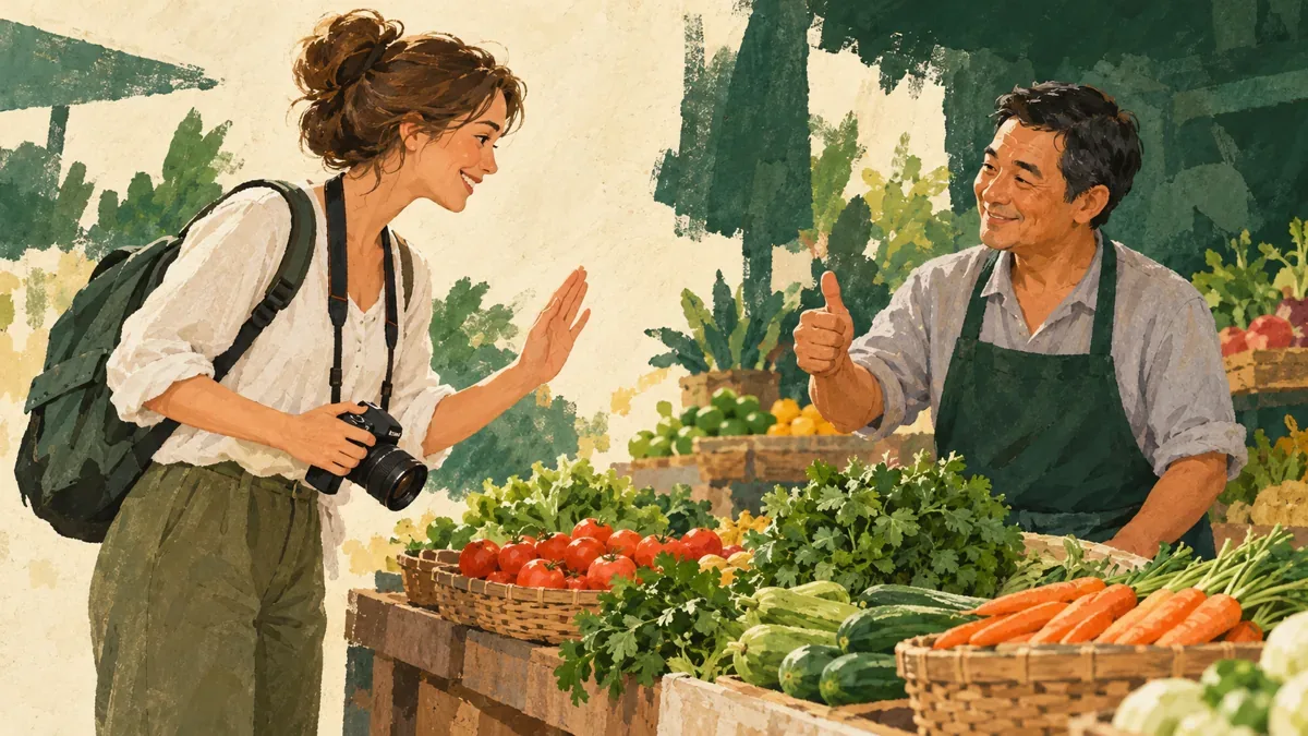Minh họa AI: du khách hạ máy ảnh để xin phép người bán trước khi chụp