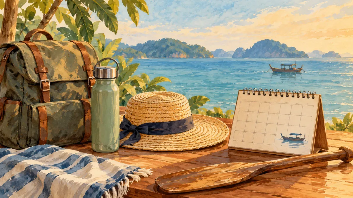 Minh họa AI đồ dùng và lịch trống cho chuyến tìm hiểu văn hóa đảo, không phải cảnh Quan Lạn thực