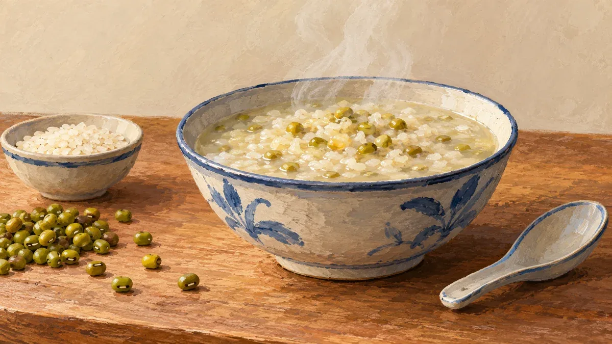 Minh họa AI bát cháo đỗ xanh dùng nước ninh gia cầm