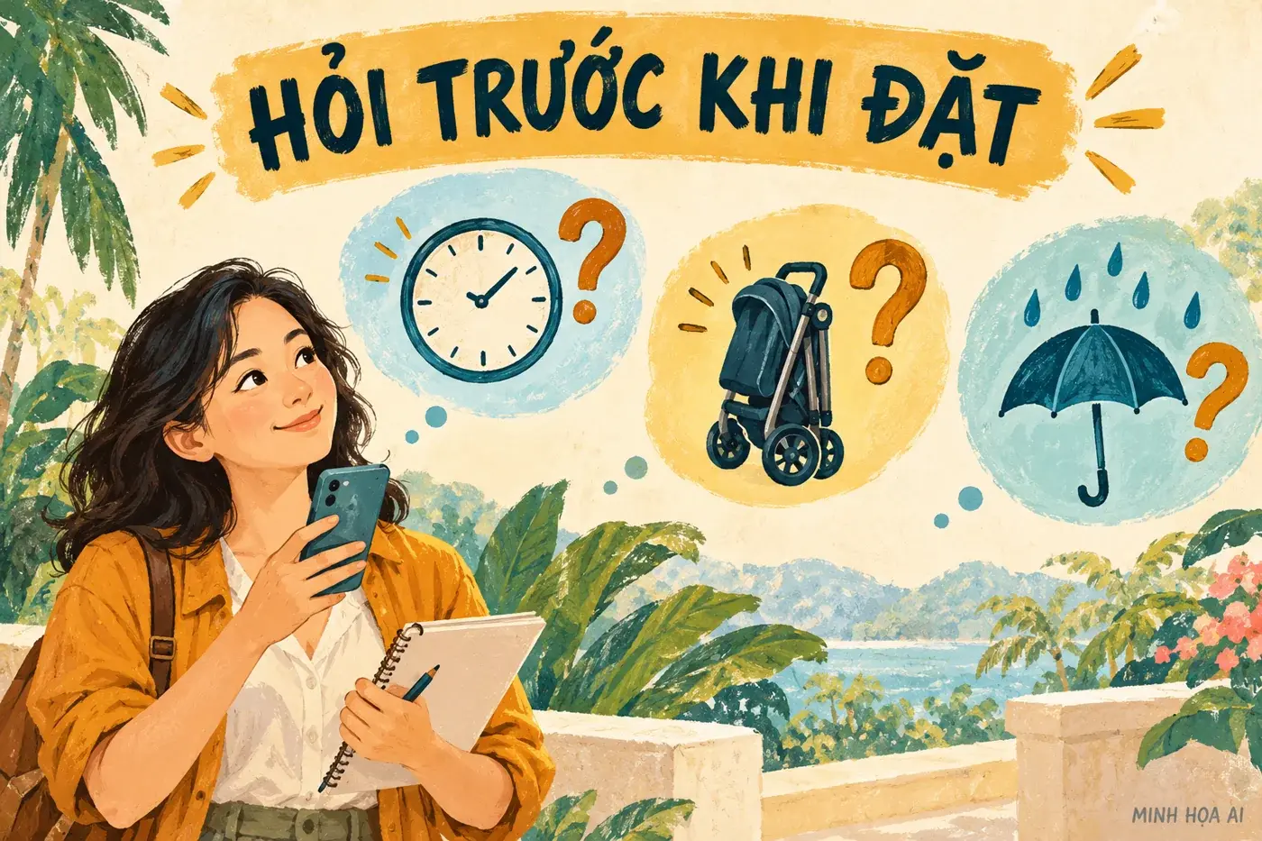 Minh họa AI các câu hỏi về giờ xe điện, xe đẩy và phương án trời mưa trước khi đặt phòng