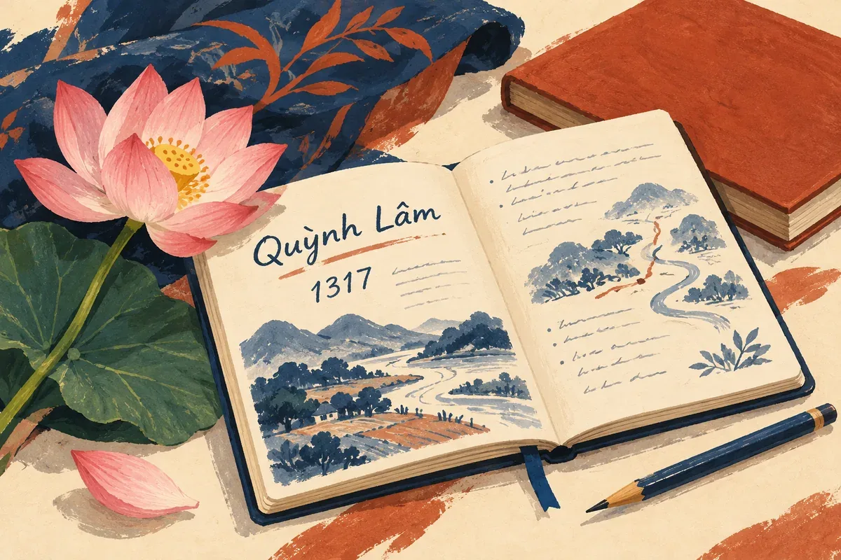 Minh họa AI: sổ ghi chép hiện đại về Quỳnh Lâm và mốc 1317, không phải hiện vật