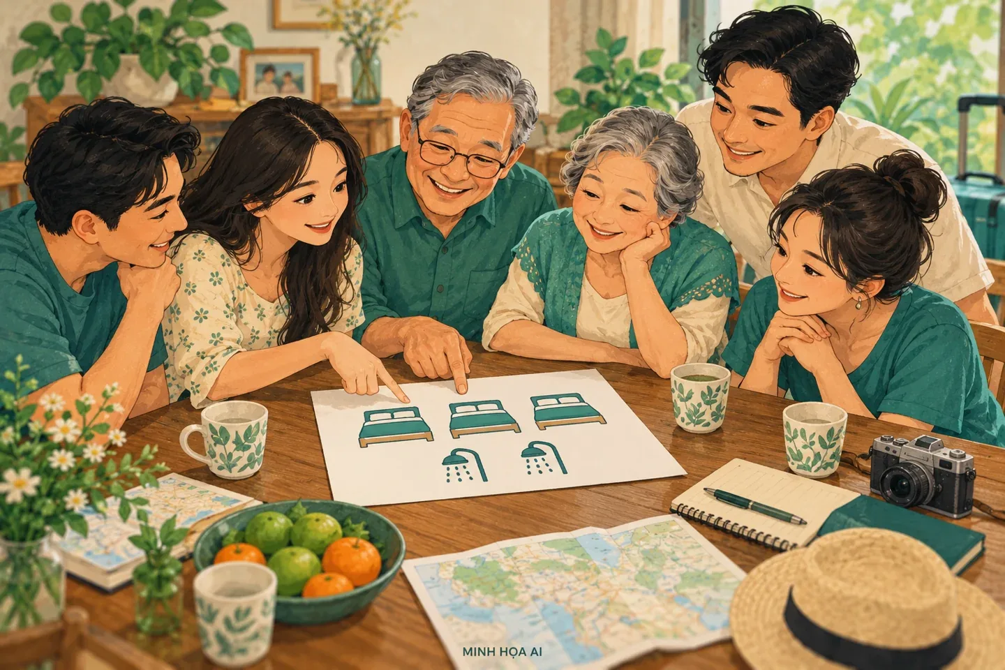 Minh họa AI gia đình bàn số phòng ngủ và phòng tắm trước khi chọn Ramada Hạ Long