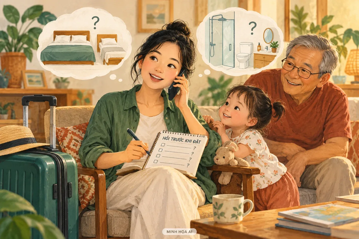 Minh họa AI gia đình xác nhận giường và phòng tắm trước chuyến đi
