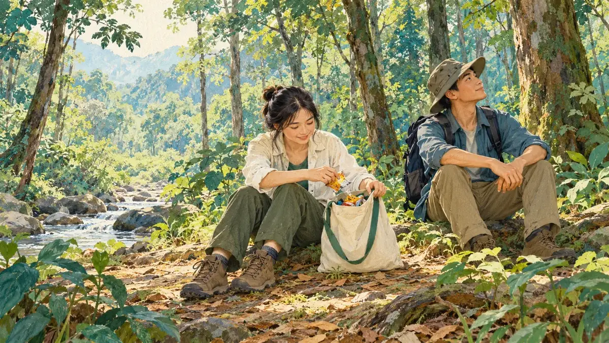Minh họa AI nghỉ chân và thu gom rác sau buổi đi bộ