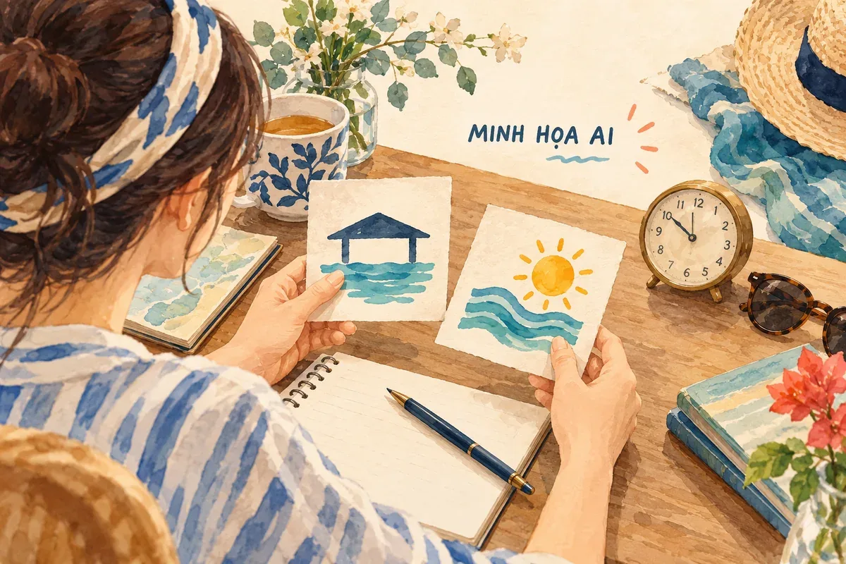 Minh họa AI khách chọn hoạt động bơi trong nhà và ngoài trời