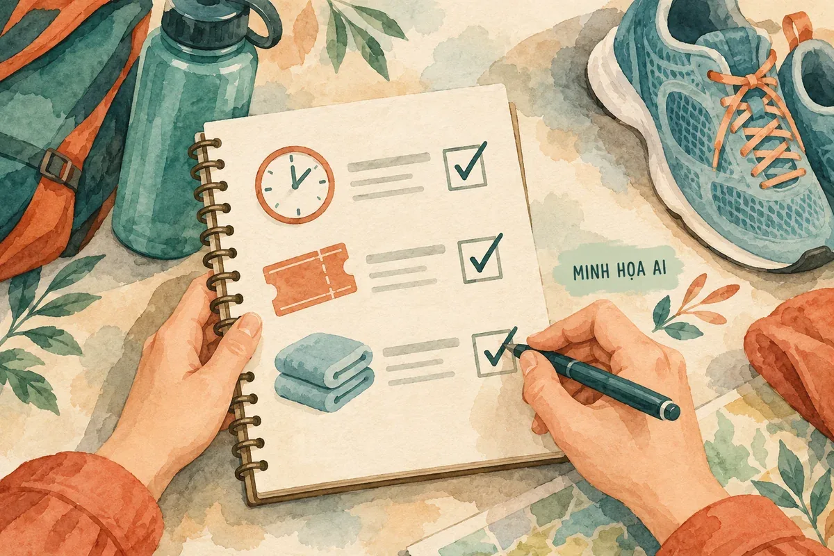 Minh họa AI kiểm tra giờ, quyền lợi và đồ dùng trước kỳ nghỉ