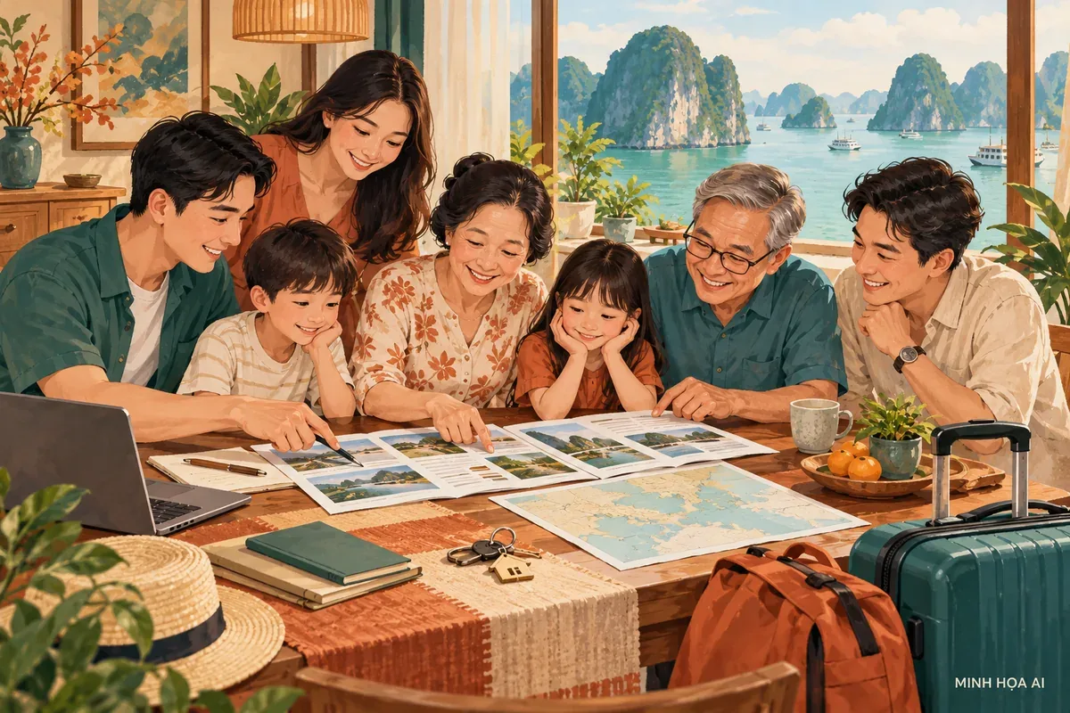 Gia đình cùng đối chiếu thông tin đặt villa; minh họa AI, không mô tả căn Royal Lotus thực tế