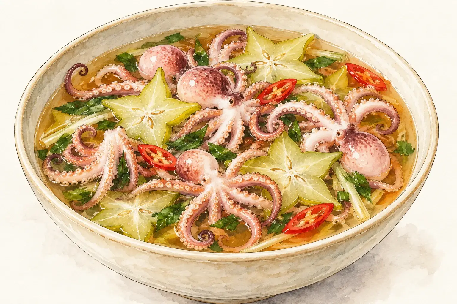 Minh họa AI bát ruốc nấu chua với khế và ớt, không phải ảnh món ăn tại quán