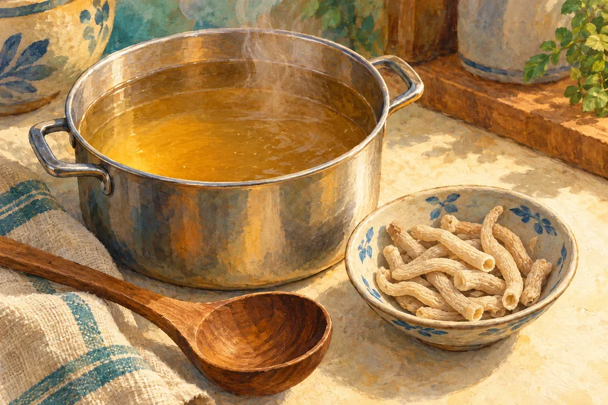 Nồi nước dùng và bát nguyên liệu khô, tranh minh họa AI.
