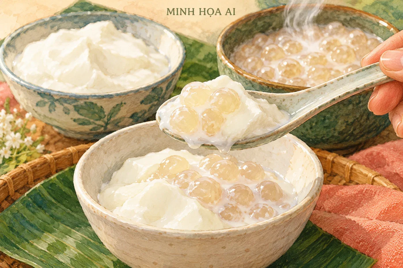 Minh họa AI một thìa sữa chua và trân châu cốt dừa phối hợp theo khẩu vị