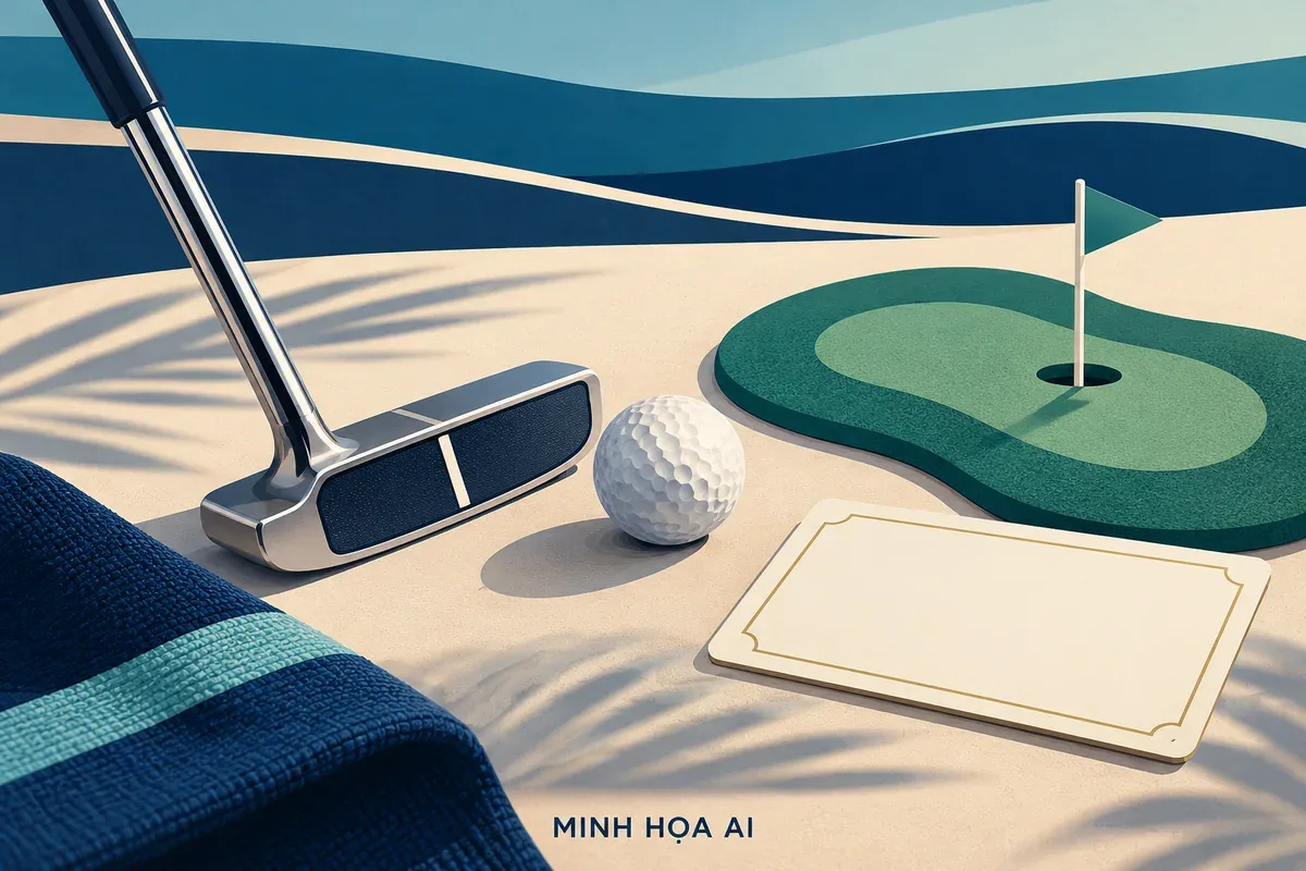 Minh họa AI gậy gạt, bóng và mục tiêu golf; không mô phỏng khu golf thực tế trên Stellar of the Seas