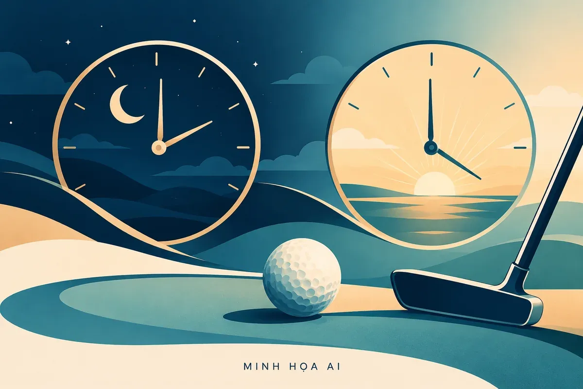 Minh họa AI đồng hồ đêm và bình minh để cân nhắc giờ chơi golf; không thể hiện giờ chính xác