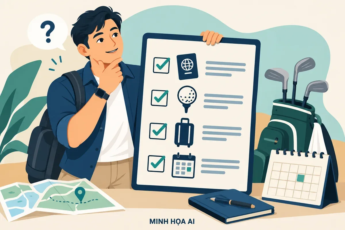 Minh họa AI du khách lập danh sách câu hỏi về giờ chơi, dụng cụ và chi phí golf trước đặt chuyến