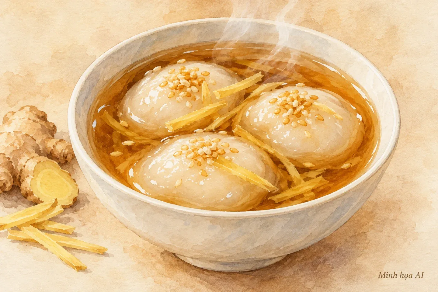 Minh họa AI bát sủi ìn với bánh nếp trong nước đường gừng