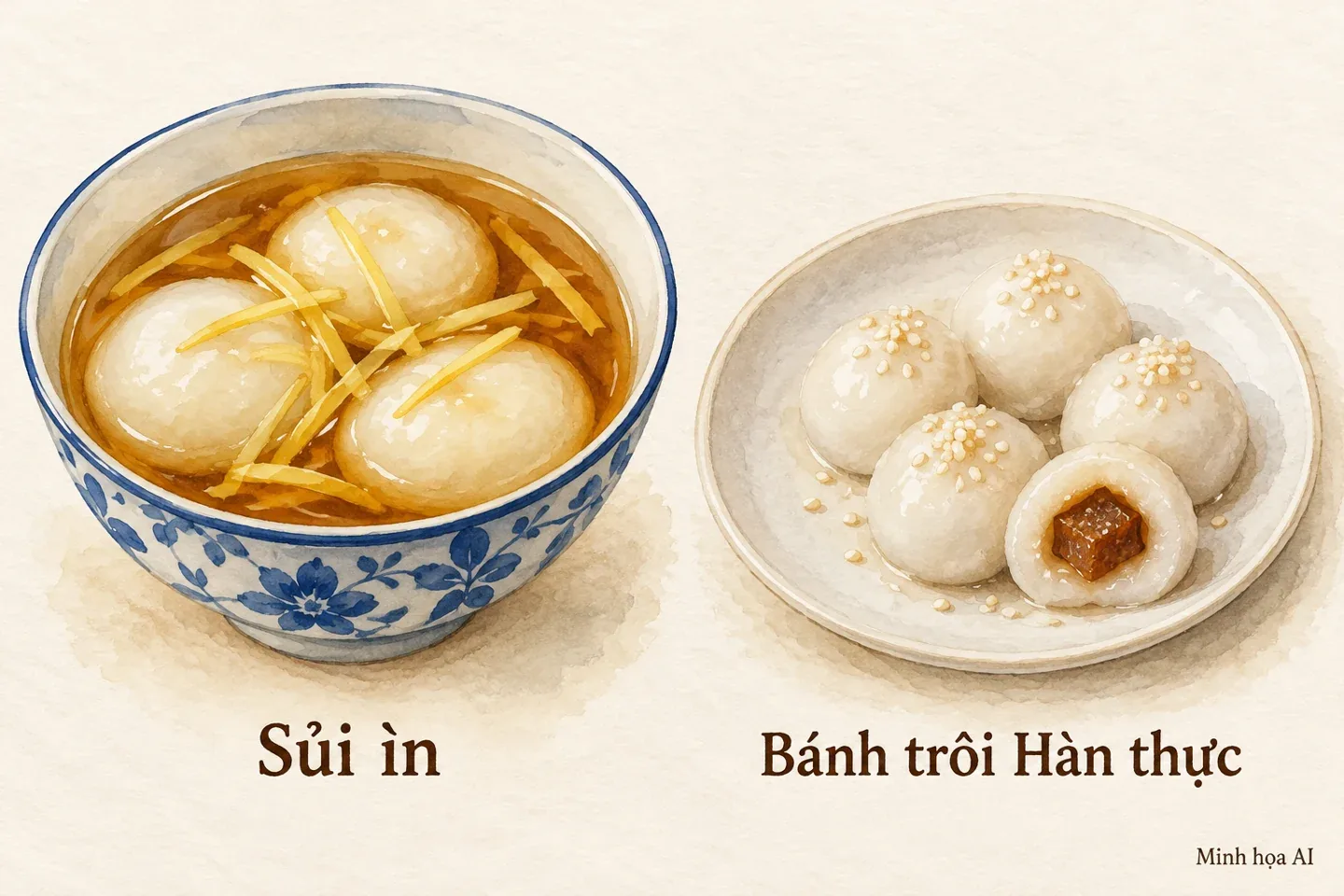 Minh họa AI đối chiếu sủi ìn trong nước gừng và bánh trôi Hàn thực bày đĩa