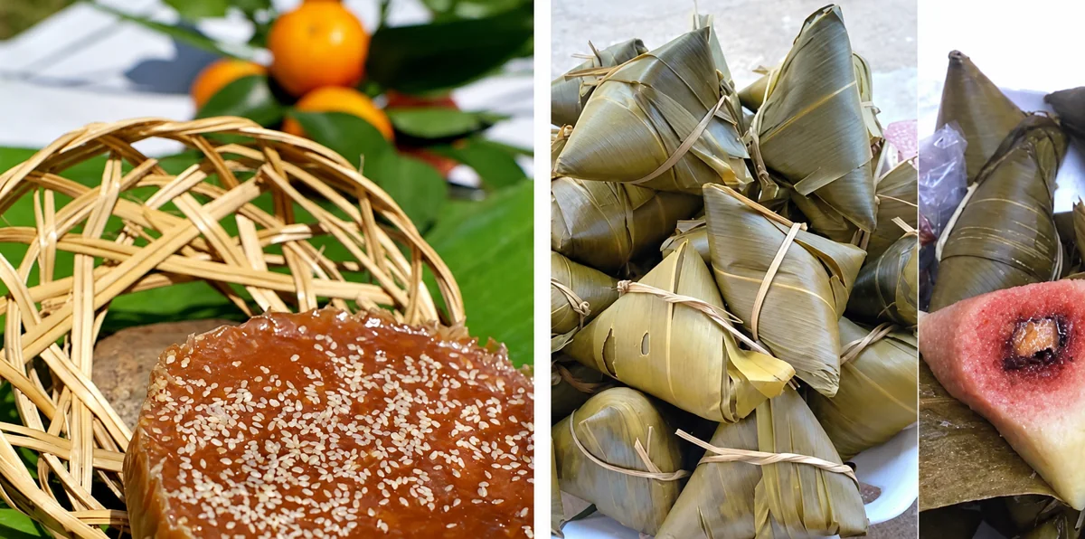 Bánh tài lồng ệp màu nâu bên trái, bánh coóc mò gói lá bên phải; ảnh tư liệu Quảng Ninh cải thiện bằng AI