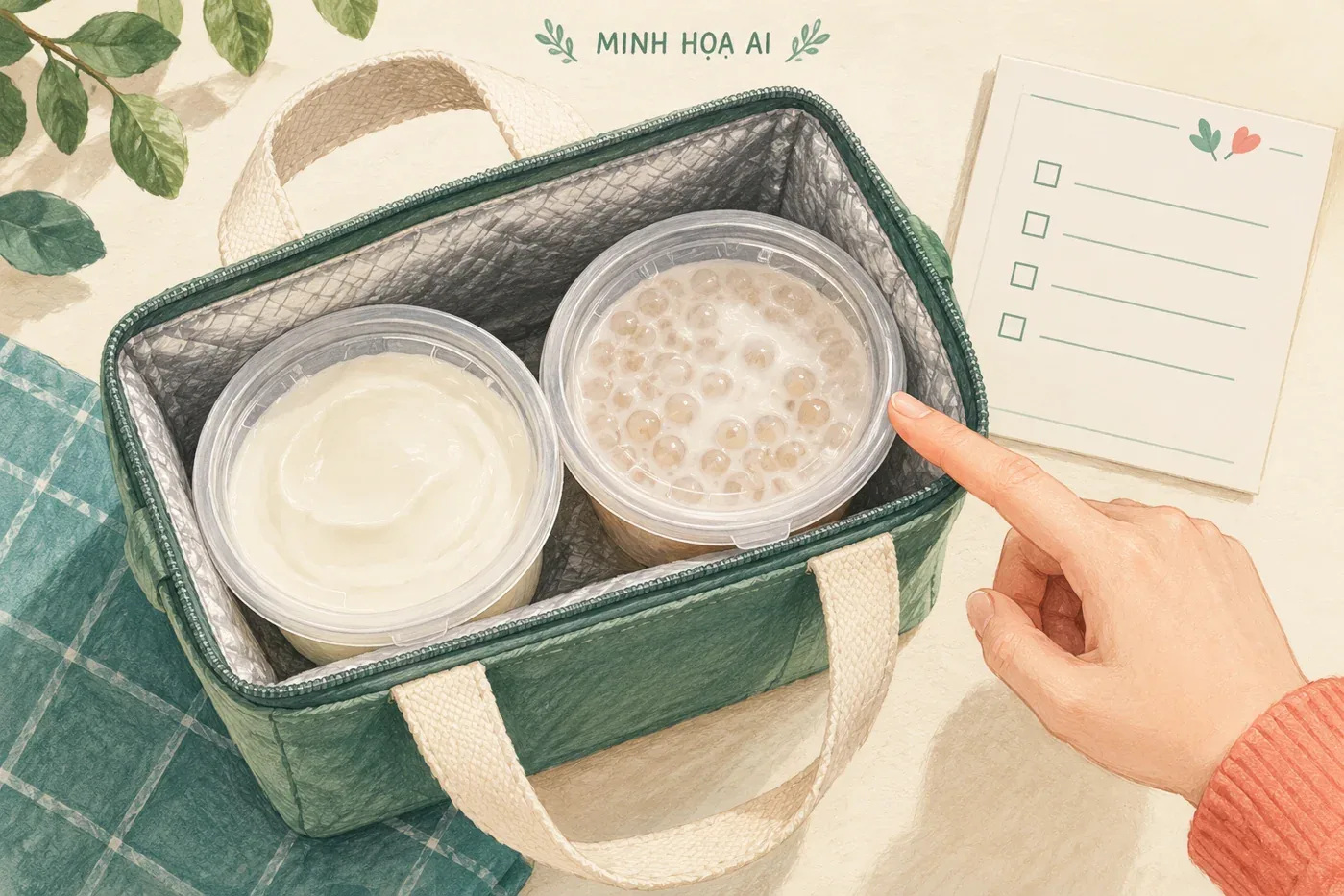 Minh họa AI hai hộp sữa chua và trân châu tách riêng cùng tờ câu hỏi mang về