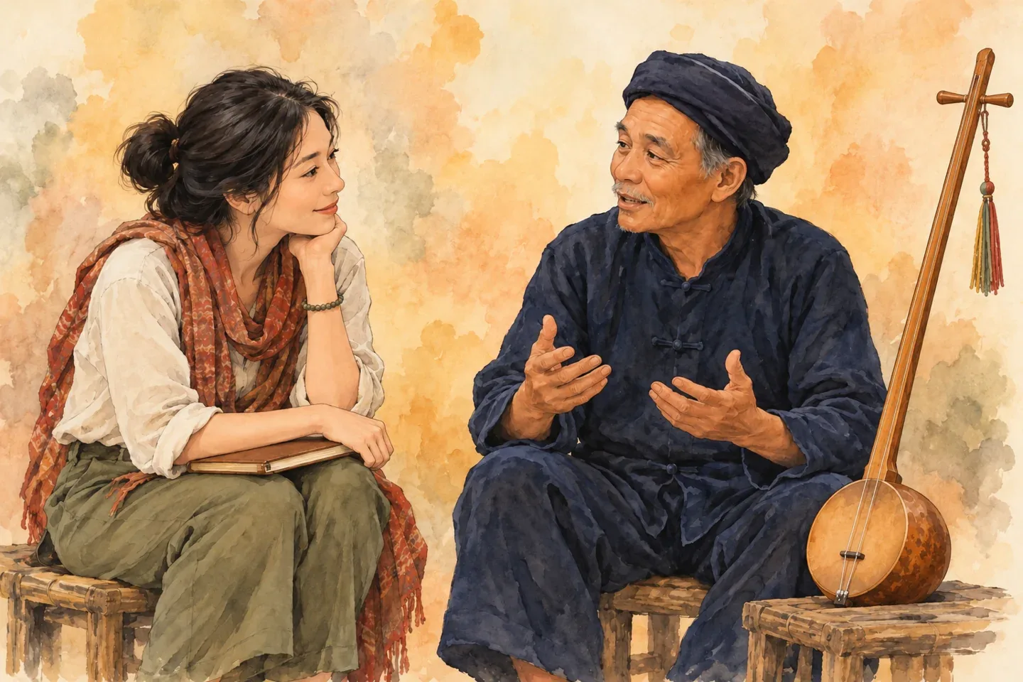 Minh họa AI người nghe tìm hiểu ý nghĩa lời Then với nhân vật hư cấu