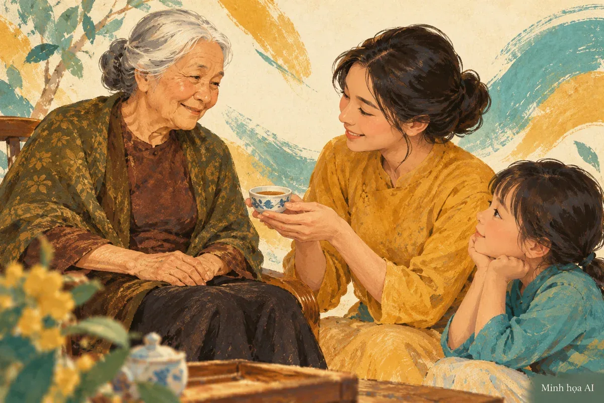 Minh họa AI gia đình ba thế hệ kính trọng người cao tuổi, không phải ảnh lễ hội Tiên Công