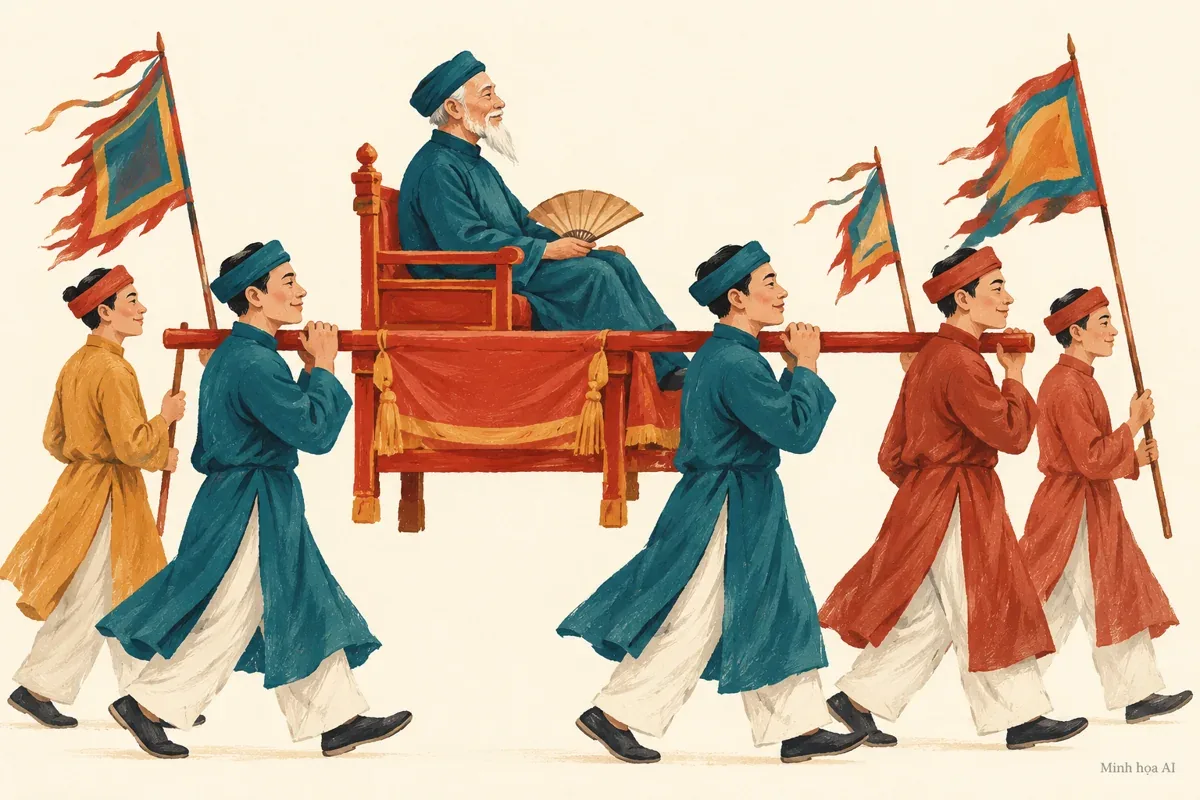 Minh họa AI biểu tượng đoàn rước cao niên, không tái dựng lễ hội thực tế