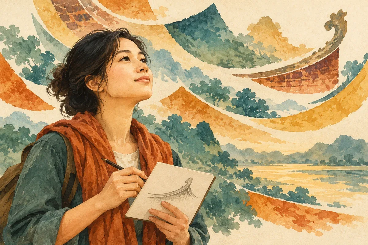 Tranh AI minh họa du khách ghi chép khi tìm hiểu kiến trúc, không phải ảnh đình Trà Cổ