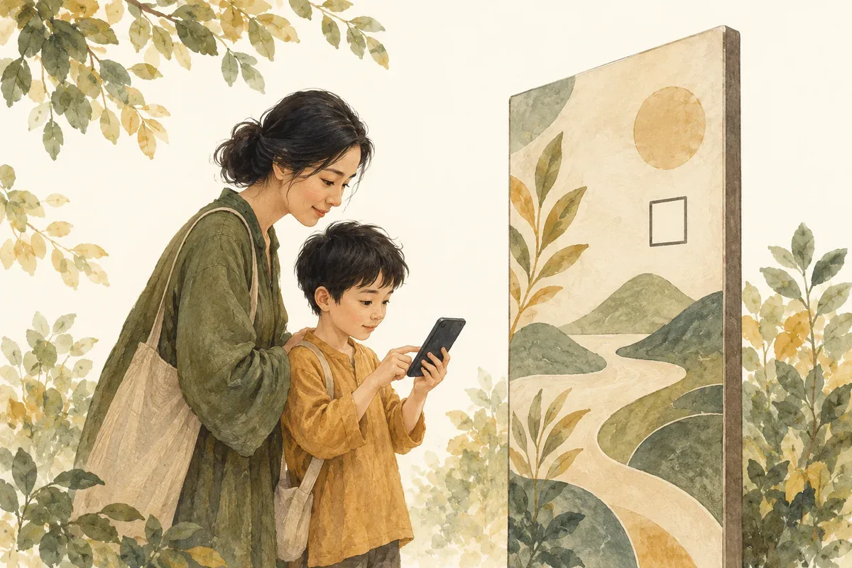 Tranh AI minh họa gia đình đọc thông tin di sản, không phải bảng chỉ dẫn thực tế tại đình