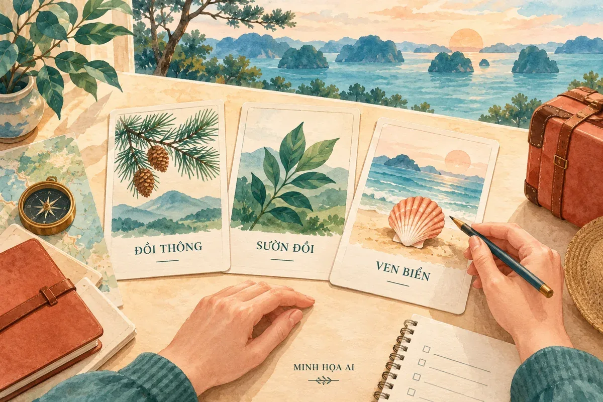 Minh họa AI ba thẻ biểu tượng Đồi thông, Sườn đồi, Ven biển để chọn khu phòng; cảnh nền tưởng tượng, không phải hướng nhìn Tuần Châu Resort