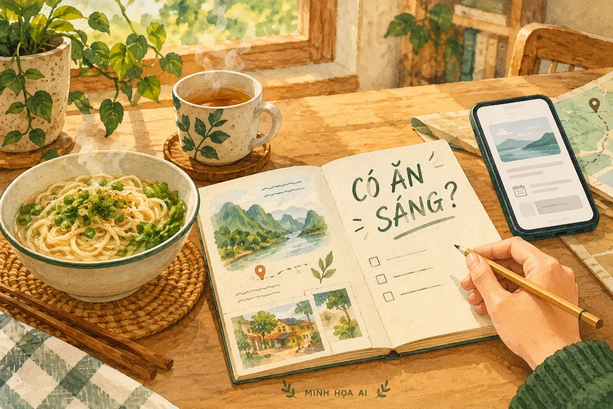 Minh họa AI ghi câu hỏi có ăn sáng trong sổ chuẩn bị chuyến đi; không phải thực đơn hay món ăn của resort
