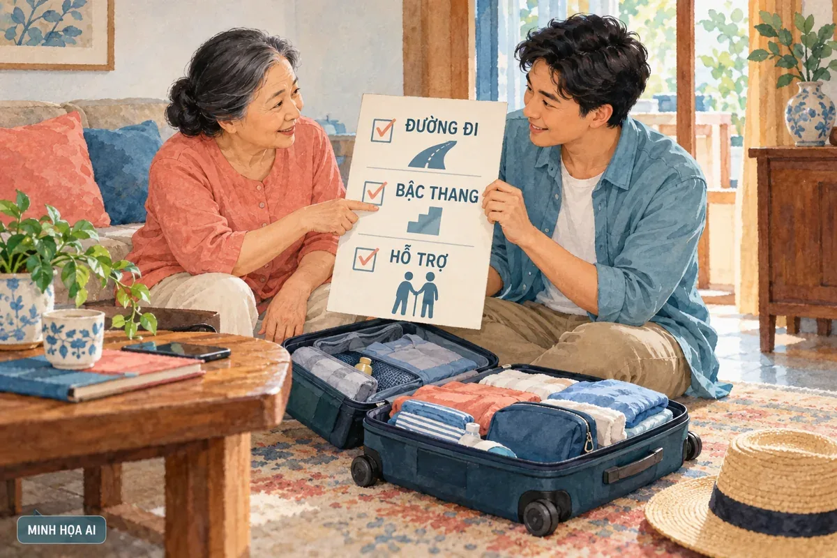 Minh họa AI mẹ và con trai trao đổi danh sách đường đi, bậc thang và hỗ trợ trước khi đặt phòng