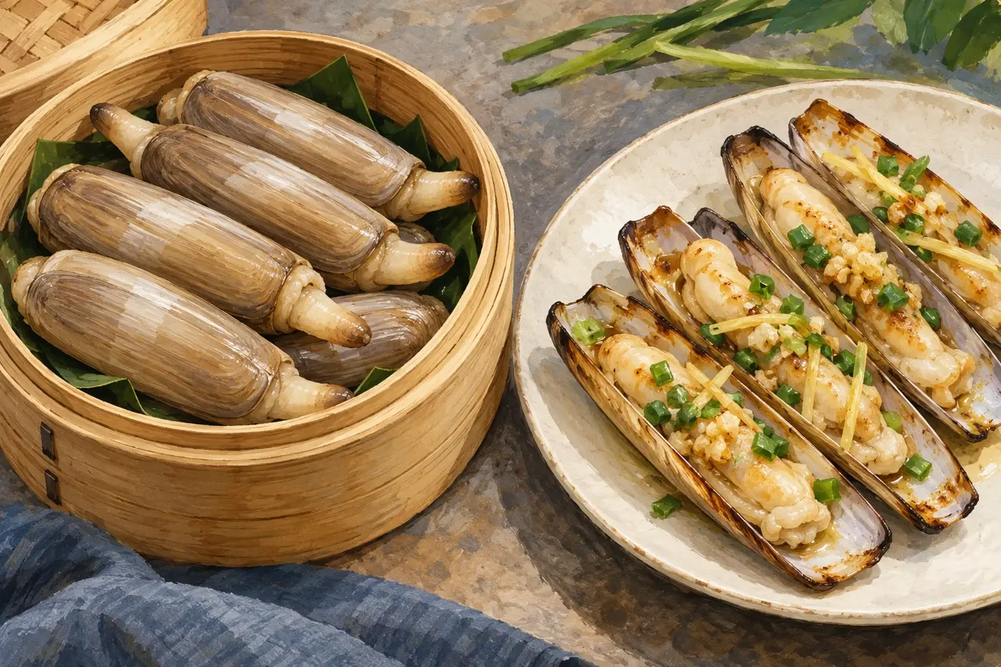 Minh họa AI tu hài hấp và tu hài nướng với gia vị