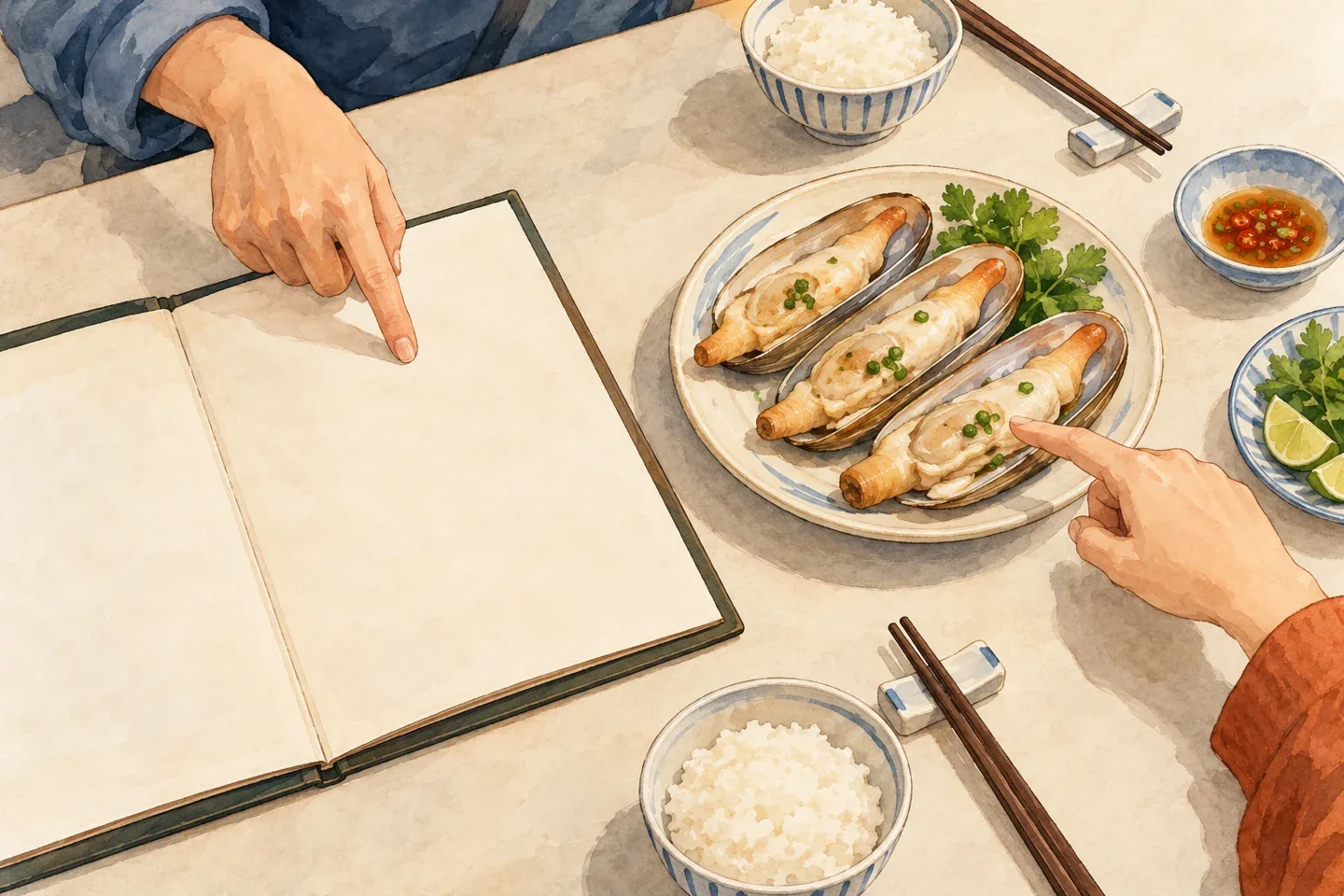 Minh họa AI hai thực khách trao đổi về khẩu phần tu hài