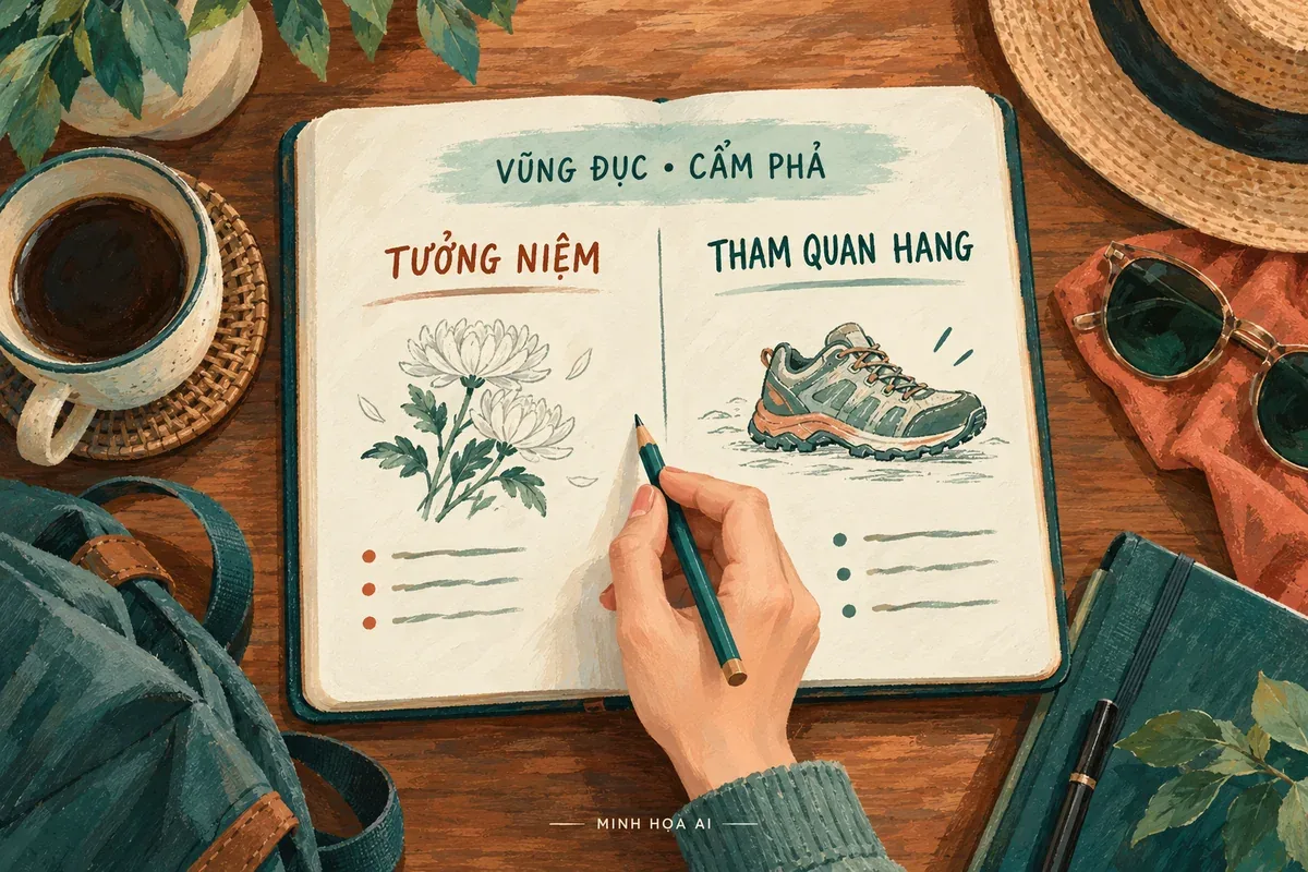 Minh họa AI sổ chuẩn bị hai phần tưởng niệm và tham quan hang tại Vũng Đục Cẩm Phả