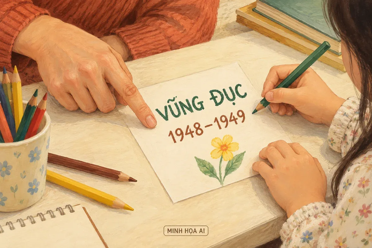 Minh họa AI phụ huynh cùng trẻ đọc thẻ học tập về mốc 1948–1949 tại Vũng Đục