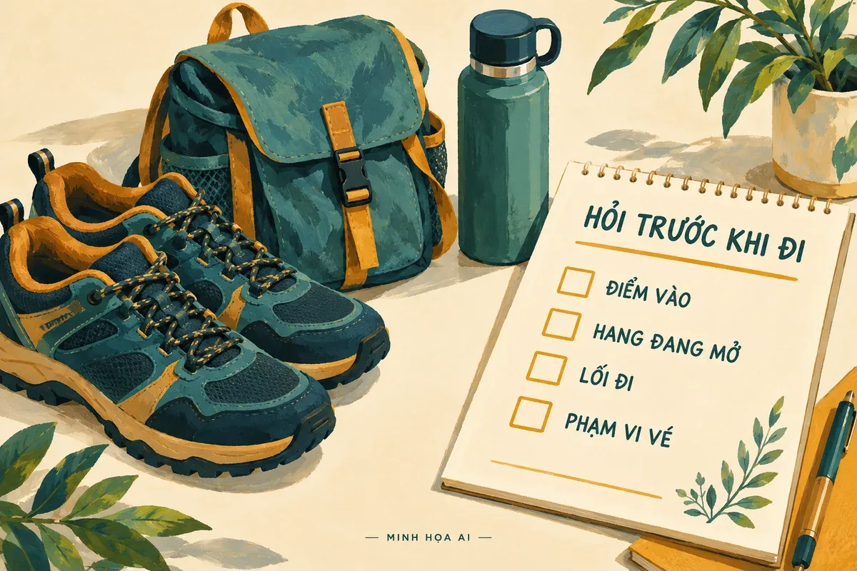 Minh họa AI bốn câu hỏi về điểm vào, hang đang mở, lối đi và phạm vi vé trước chuyến Vũng Đục