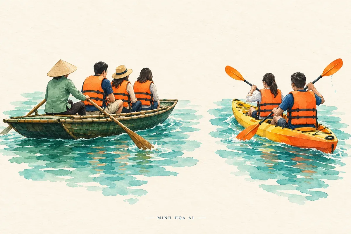 Minh họa AI so sánh thuyền nan có người chèo và kayak, không phải dịch vụ thực tế tại Vung Viêng