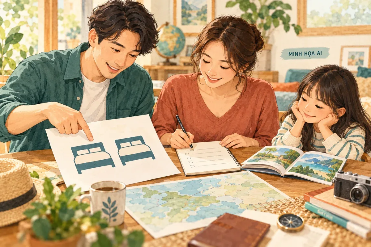 Minh họa AI gia đình đối chiếu hai giường và danh sách khách trước khi đặt phòng