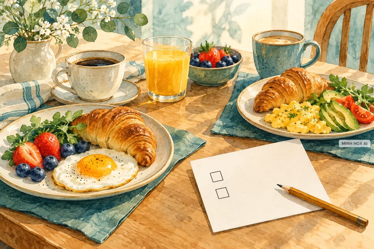Minh họa AI hai phần ăn sáng và phiếu kiểm tra quyền lợi đặt phòng