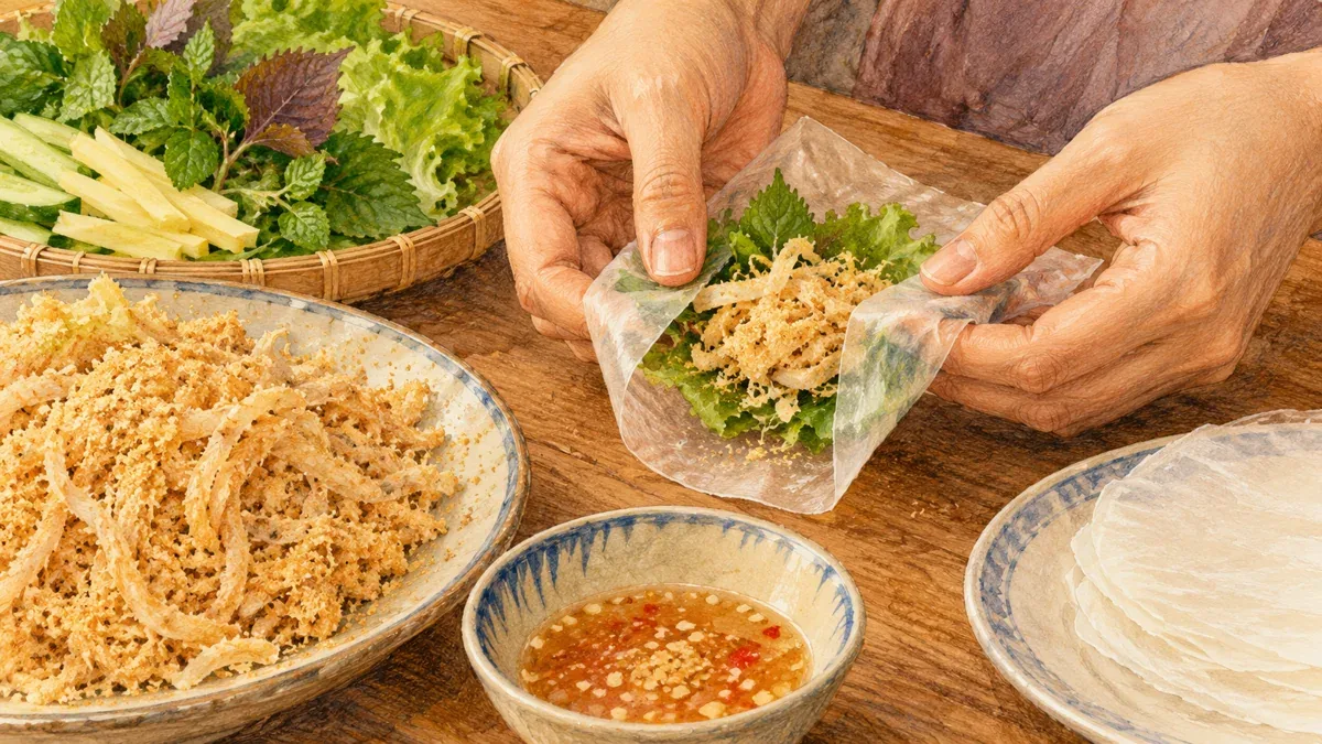Minh họa AI một cuốn nem với bánh đa và rau, không phải ảnh thực tế