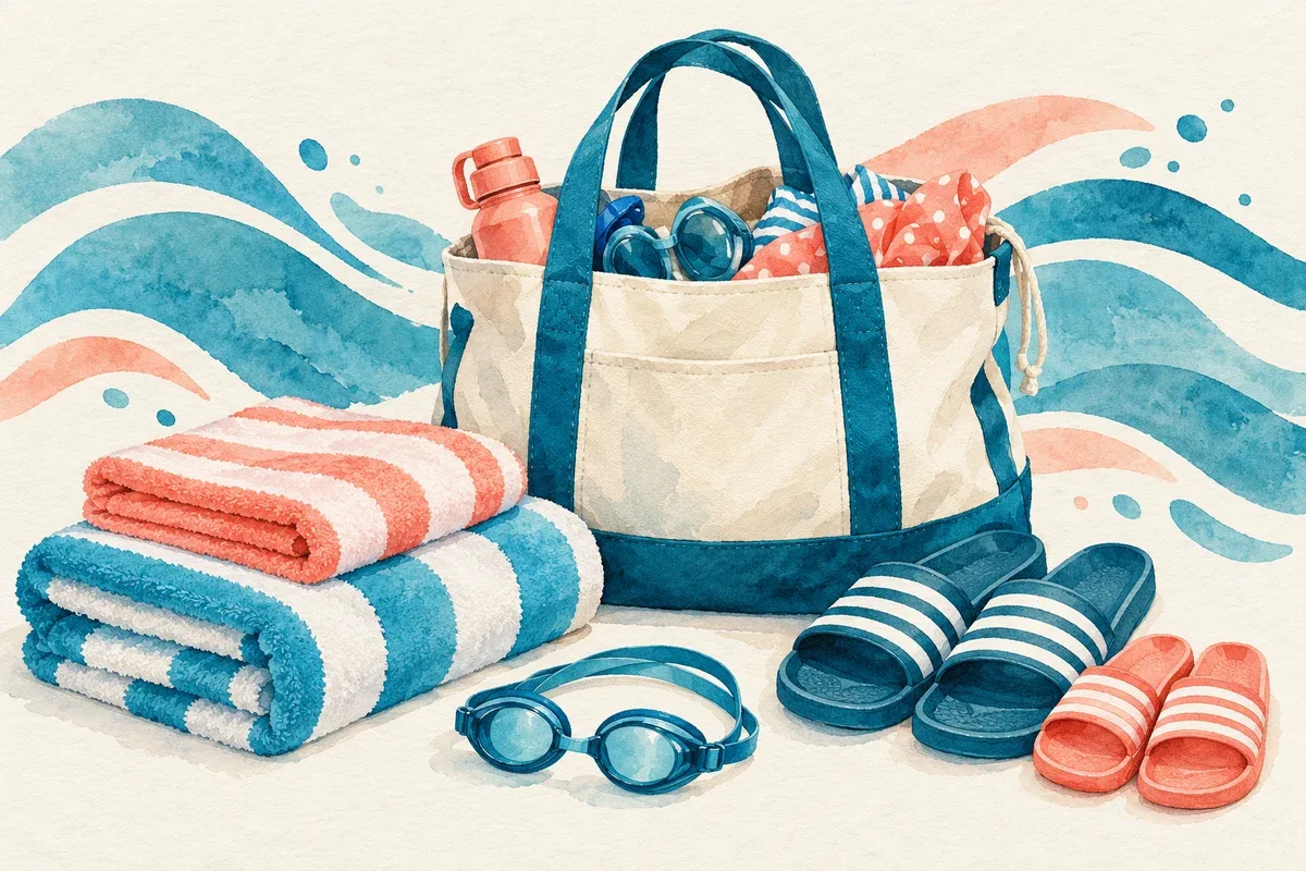 AI illustration of a family's swimming bag and towels.