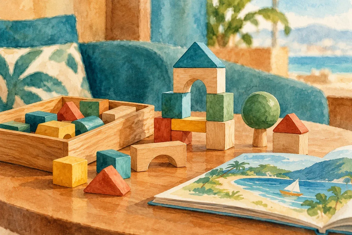 AI illustration of building blocks and books for quiet playtime.